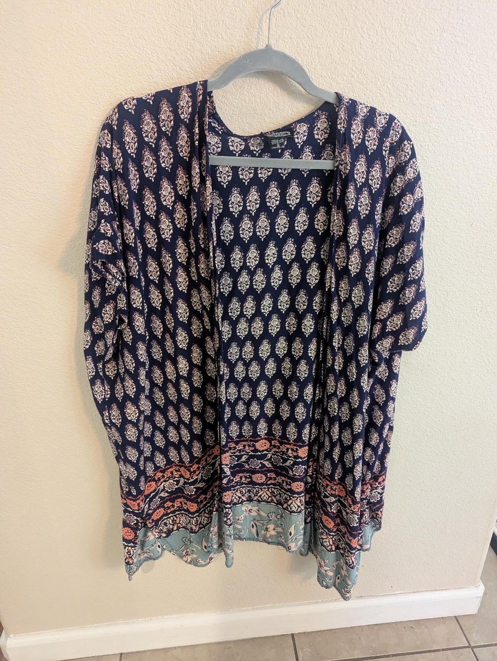 Angie Navy Printed Open-Front Kimono Cardigan with Coral and Light Blue Accents